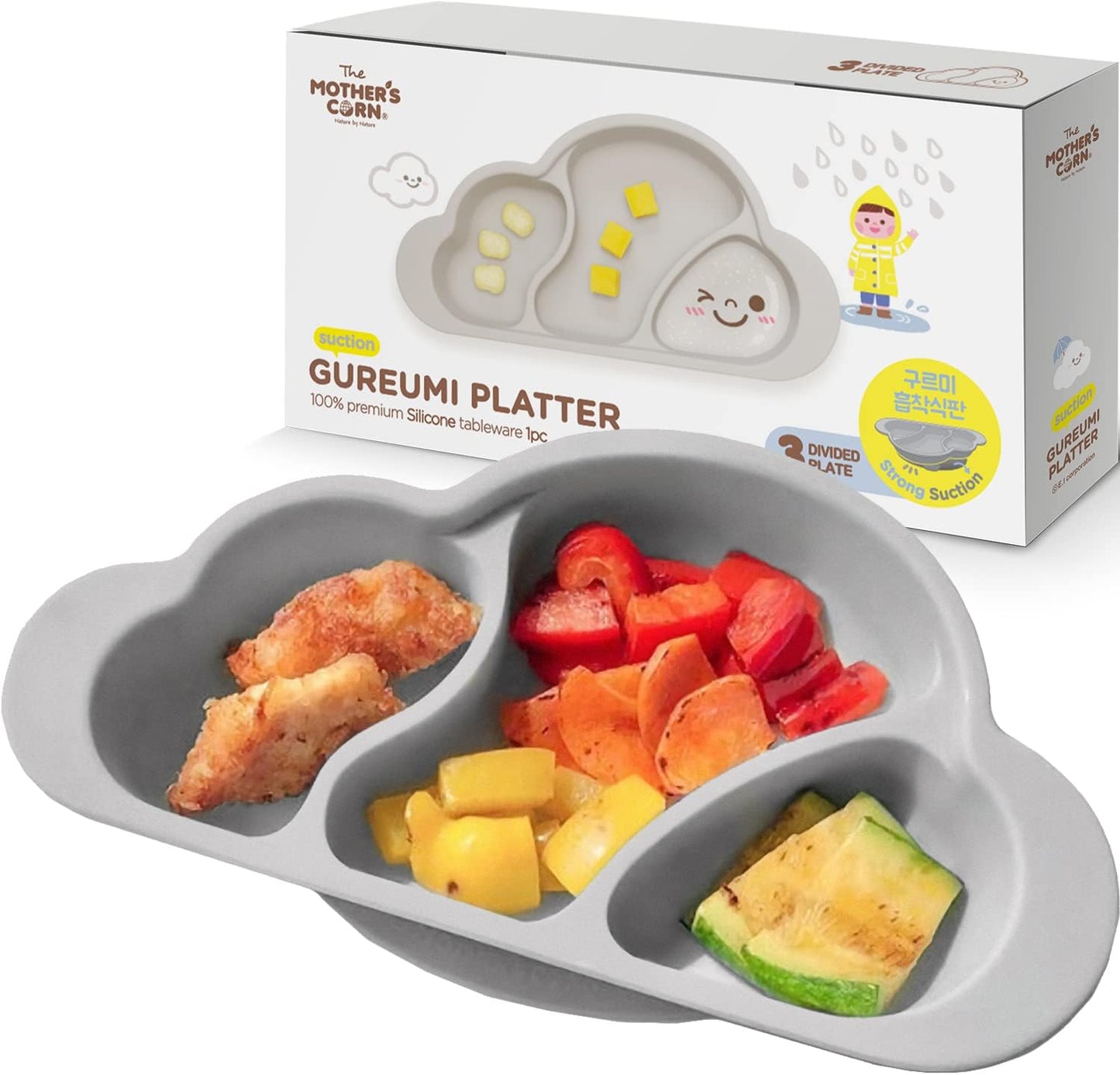 Mother's Corn Gureumi Three Division Suction Platter - Gray Color
